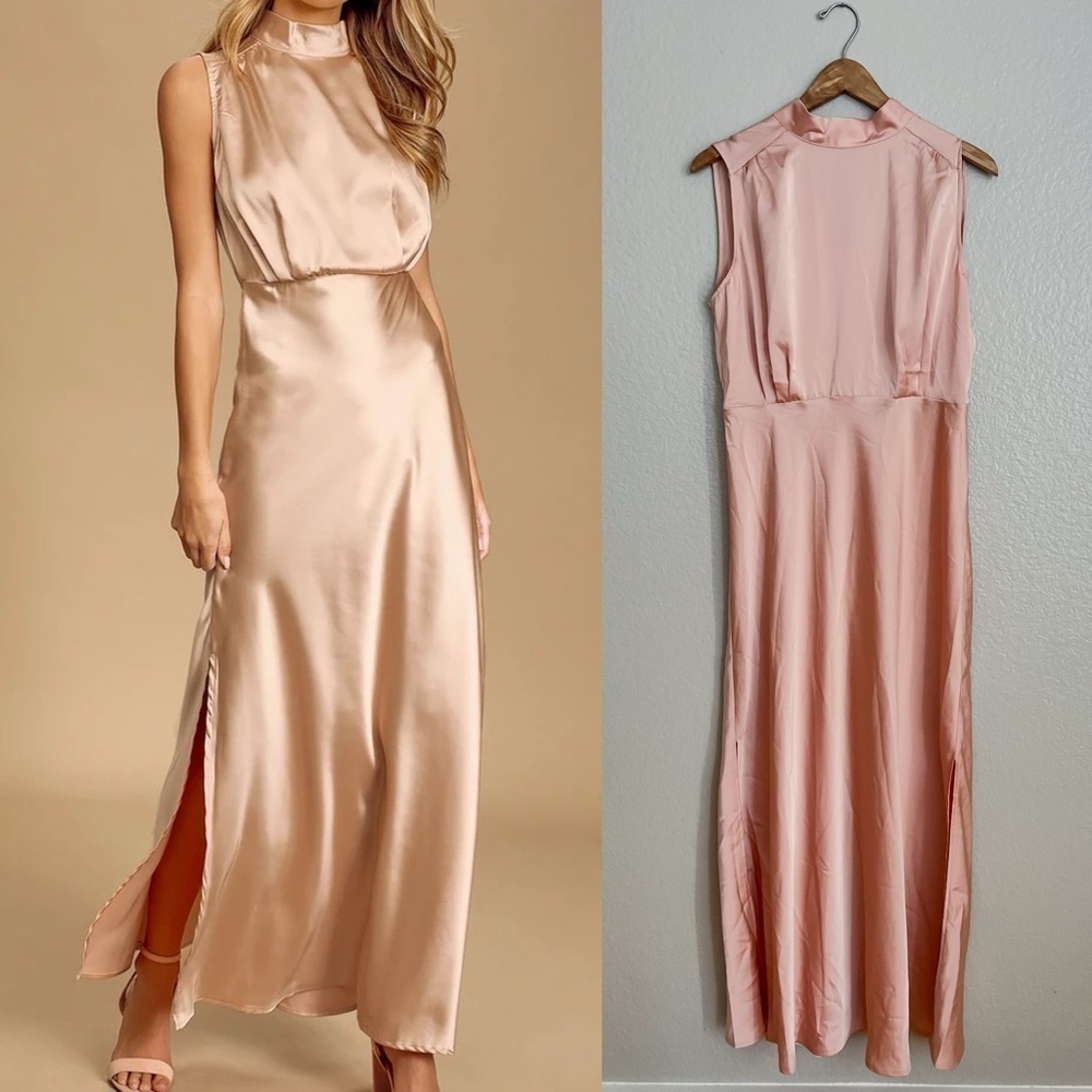 NWOT Classic Elegance Blush Satin Sleeveless Mock Neck Maxi Dress